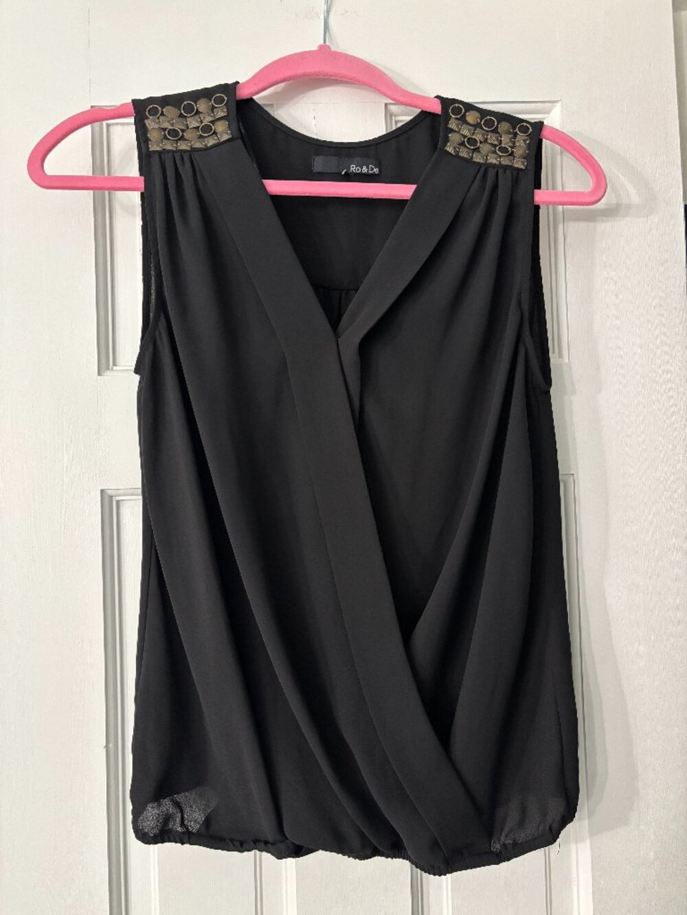 Ro & De Draped Front Tank Top with Beaded Shoulder Embellishments - Black - M
